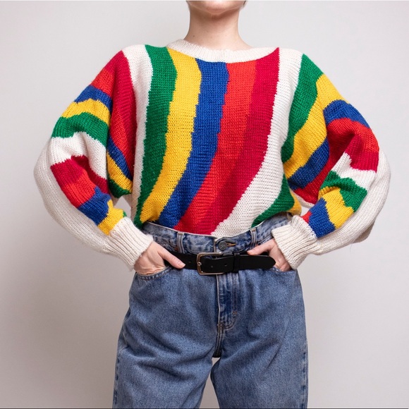 ❌SOLD❌Vintage 80s rainbow dolman draped sweater - Picture 2 of 7